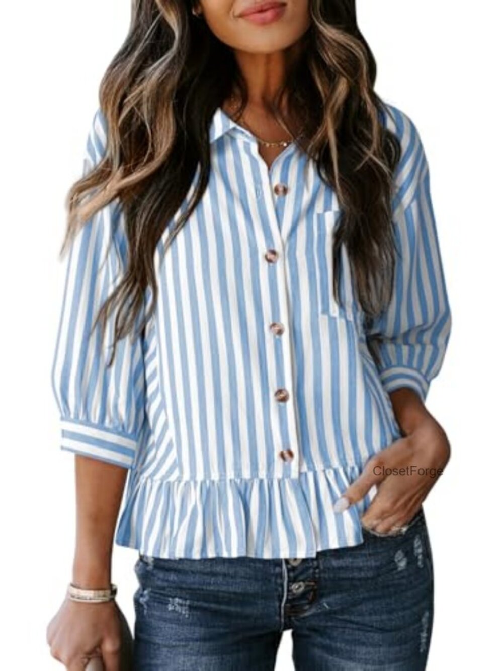 3/4 Sleeve Button Down Crop Peplum Babydoll Top Cotton